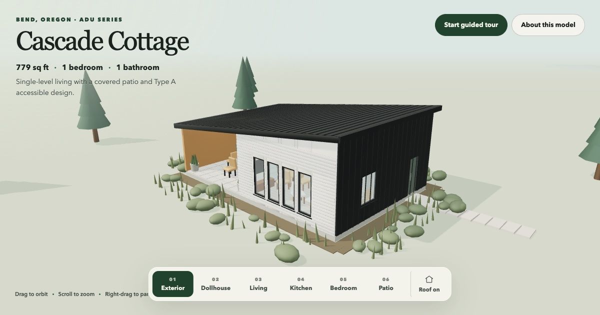 3D model of the Cascade Cottage, a single-story ADU with a covered patio