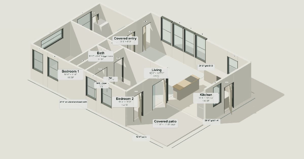 Roof-off 3D model of the Deschutes Bungalow floor plan with room labels