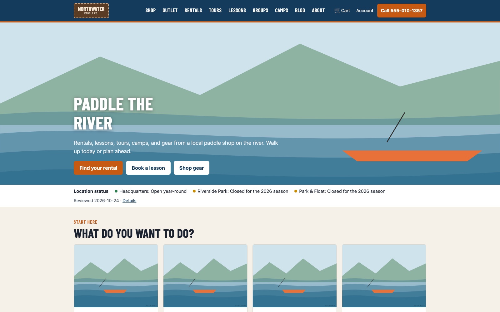 Example outfitter homepage on desktop