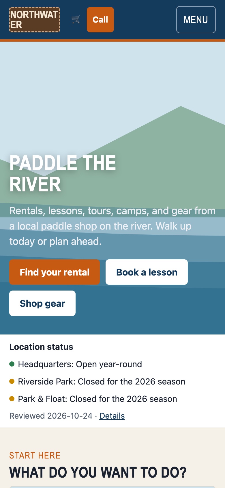 Example outfitter homepage on a phone