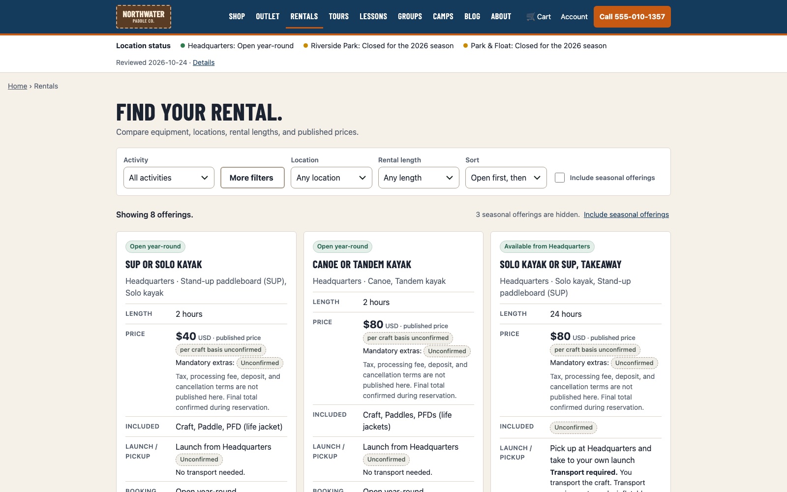 Example rentals finder page on desktop
