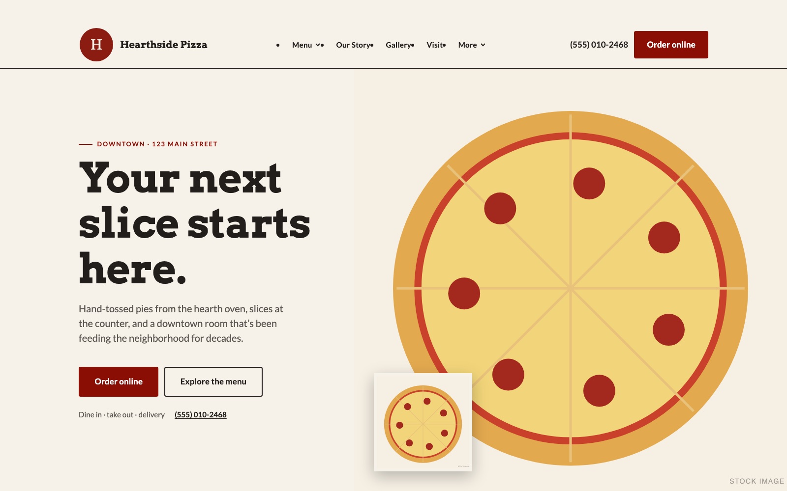 Example pizzeria homepage on desktop