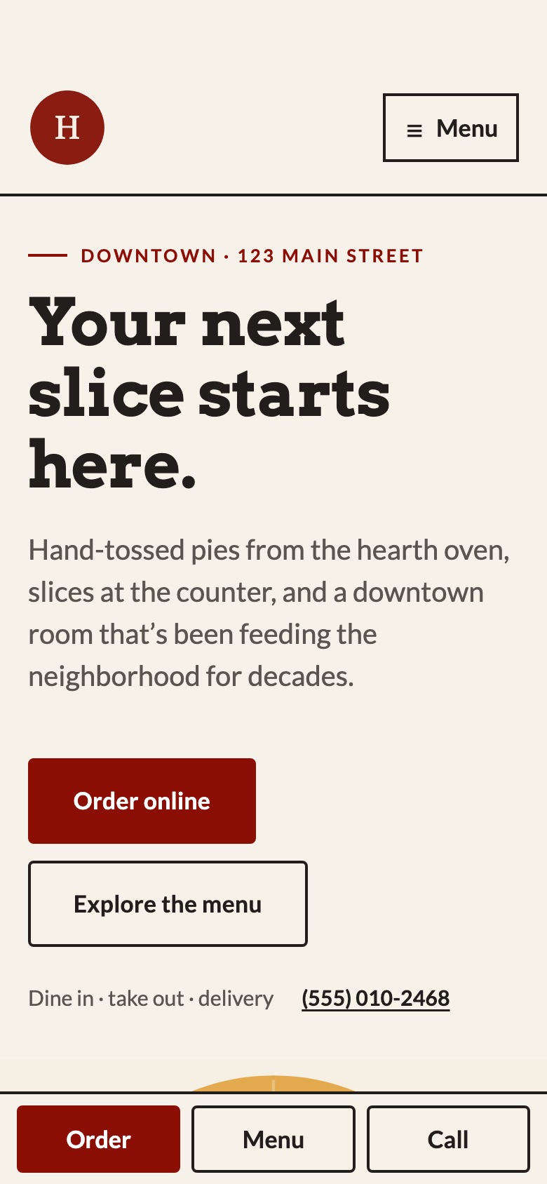 Example pizzeria homepage on a phone with a fixed Order, Menu, and Call bar