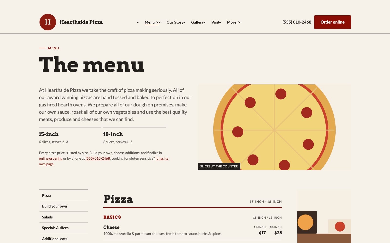 Example pizzeria menu page on desktop
